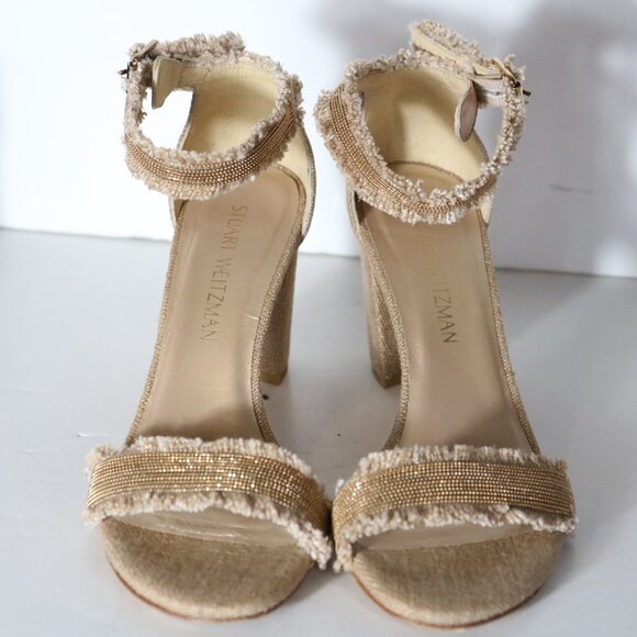 Stuart Weitzman Chaingang Frayed Linen Beaded Gold Heels Womens 7.5 Tan Strappy - Picture 4 of 9